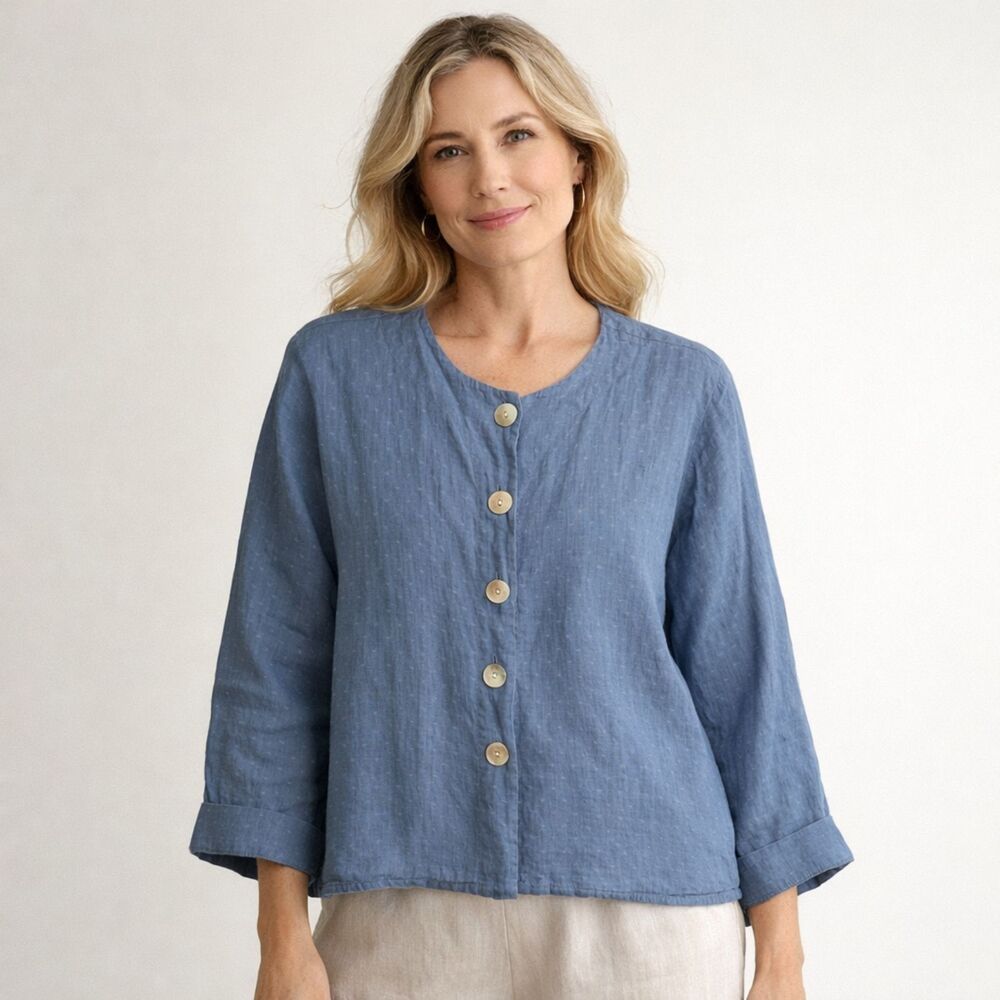 Flax Linen Jacket Womens Sz S Indigo Shell Button Pockets Boxy Coastal Lagenlook